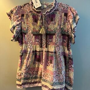 SEA Naya Print Flutter Sleeve Smocked Top